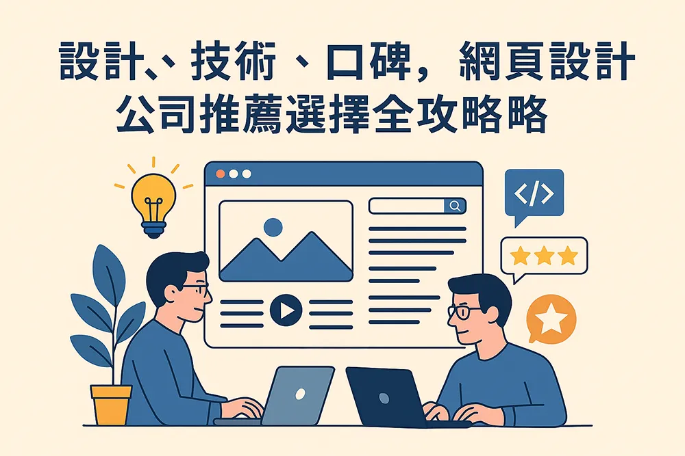 兩位網頁設計師在討論網站設計方案，背景呈現電腦螢幕、UI草圖、色票與星級評價圖示，象徵設計、技術與口碑兼具的網頁設計公司推薦指南主題。
