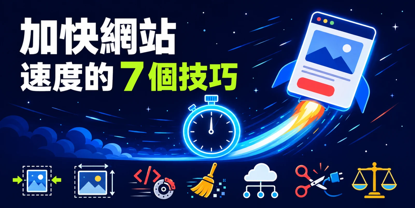 加快網站速度的 7 個技巧，火箭造型網頁搭配碼錶、圖片壓縮、尺寸設定、程式碼優化、快取清理、雲端節點及外部資源精簡圖示。