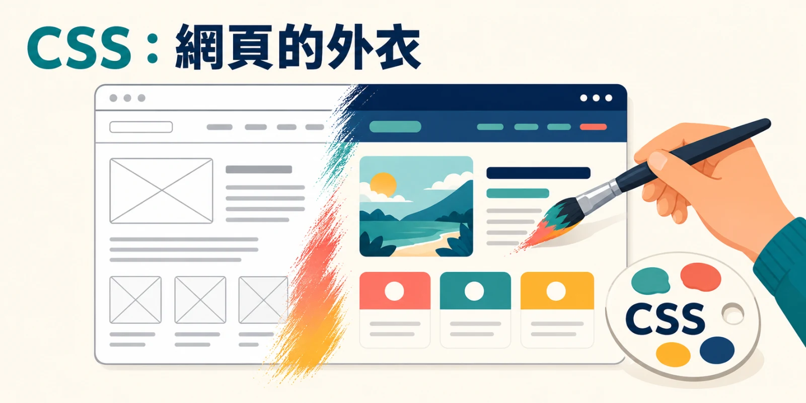 CSS 網頁設計示意圖，呈現灰色網頁骨架透過 CSS 加入色彩、字型層次與版面配置，變成完整網站外觀。