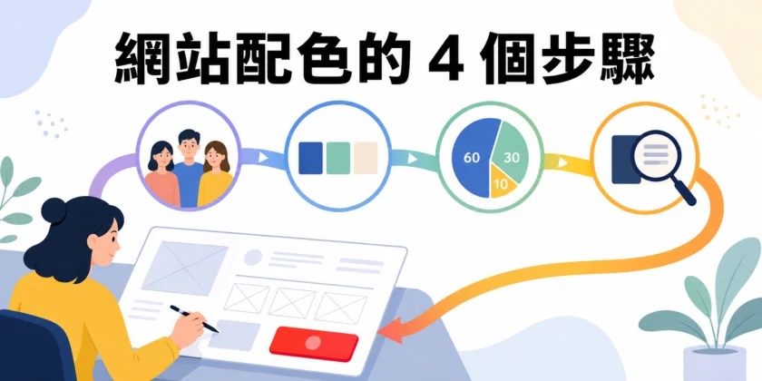 網站配色的 4 個步驟插畫,設計師依序分析目標客群、選擇主輔與強調色、套用 60/30/10 配色比例,並檢查文字與背景對比。 網站配色的 4 個步驟插畫,設計師依序分析目標客群、選擇主輔與強調色、套用 60/30/10 配色比例,並檢查文字與背景對比。